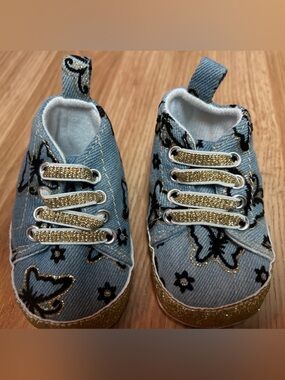 Little Me Denim Butterfly Sneakers with Gold Glitter Accents